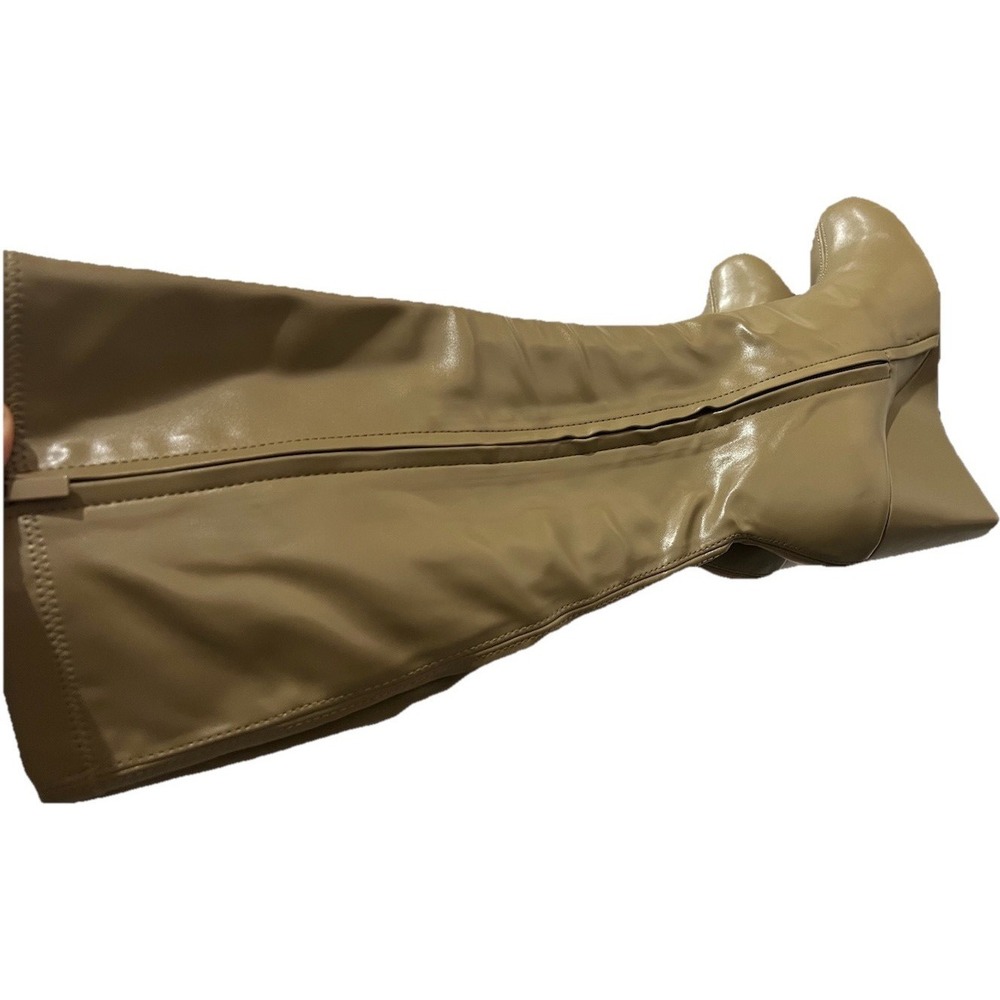 N6/ZARA Beige Knee High Wedge Boots Faux Leather Round Toe Zip Women's Size 10.5